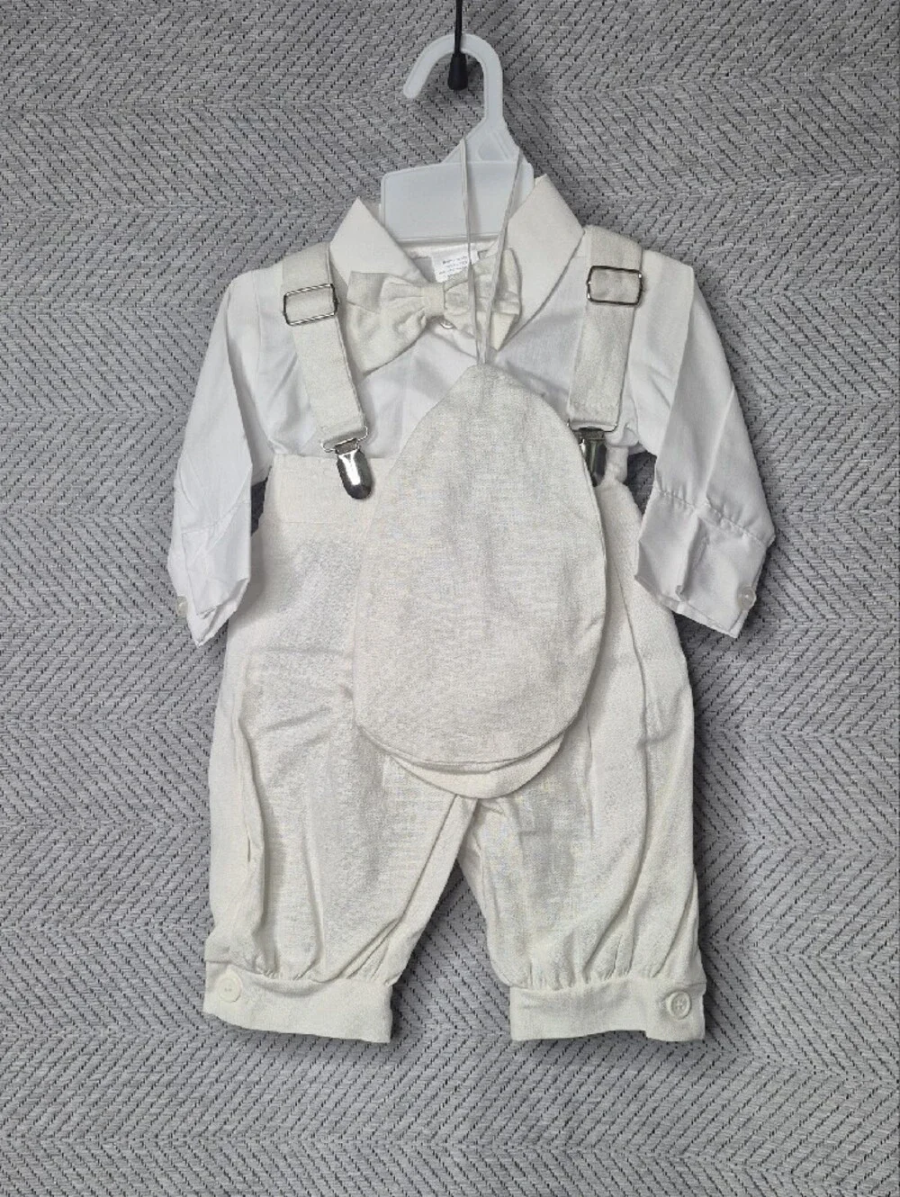 NWT Lito Boys White Christening Baptism Suspender Shirt Shorts Hat 3pcs Set 0-3M